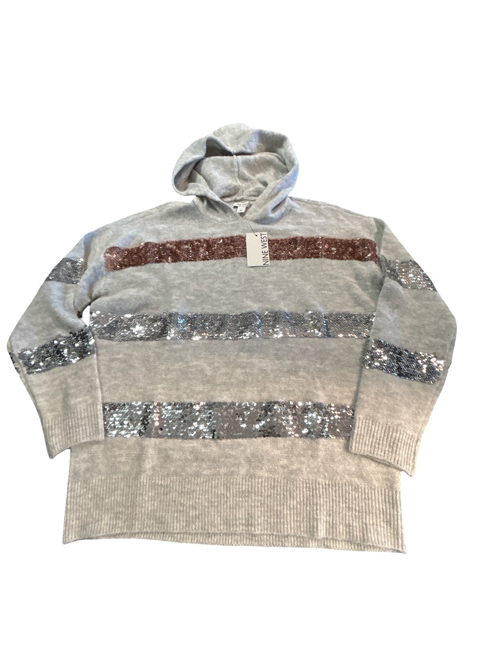 NWT Nine West Sequin Striped Knit Sparkly Hoodie Sweater Grey Silver Rose Gold M